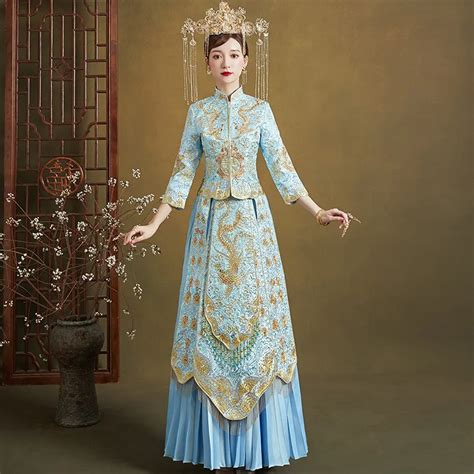 Этническая Одежда Китайское Традиционное Свадебное Платье Cheongsam Phoenix Qipao Вышивка Синие
