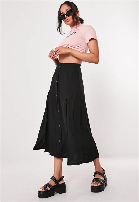 Black Button Front Midi Skirt Missguided