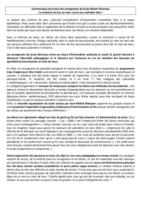 Communiqué De Presse Des Enseignants Du Lycée Robert Doisneau Vaulx