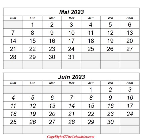 Calendrier Mai Juin 2023 à Imprimer The Calendrier