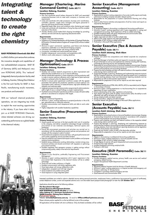 Established in 1974 and wholly owned by the government of malaysia. Jobs Vacancies at BASF PETRONAS CHEMICALS SDN BHD OCTOBER ...