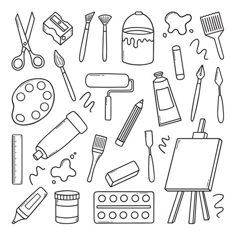 Hand Drawn Set Of Artist Tools Doodle Art Supplies In Sketch Style