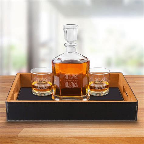 Personalized Decanter Set With Black Serving Tray And 2 Lowball Glasses