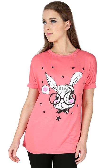 Womens Oversized Baggy T Shirt Ladies Nice Bunny Geek Rabbit Top Turn