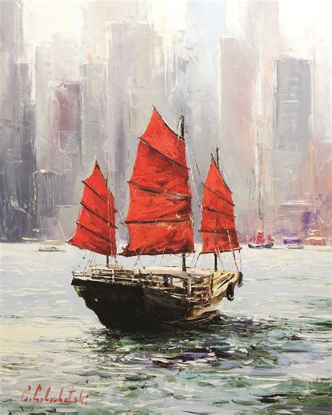 Junk Hong Kong Harbour By Gleb Goloubetski Oil On Canvas