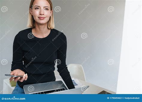 Blonde Business Woman Work With Laptop Computer Stock Image Image Of