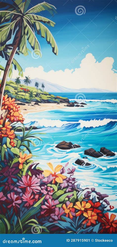 Vibrant Tropical Flowers Overlooking The Ocean Large Canvas Painting