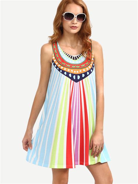 Multicolor Striped Print Sleeveless Shift Dress Sheinsheinside