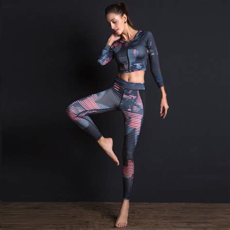 new sport suit print fitness suit leggings breathable yoga set 2 piece zipper sportswear t shirt