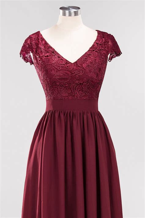 Cap Sleeves Wine Red Lace And Chiffon A Line Long Bridesmaid Dress