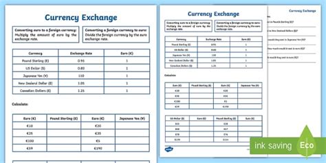 Currency Exchange Worksheet Maths Conversion Twinkl