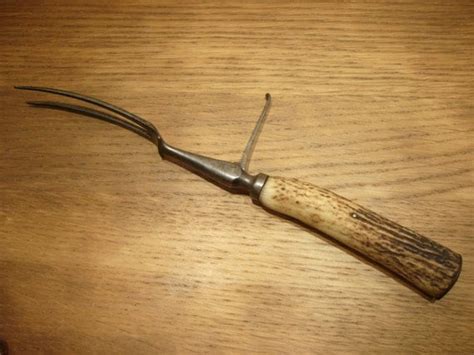 Antique 1910s Steel Carving Fork With Thumb Guard And Antler