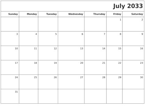 July 2033 Printable Blank Calendar