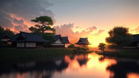 Premium Ai Image A Sunset Over A Japanese House
