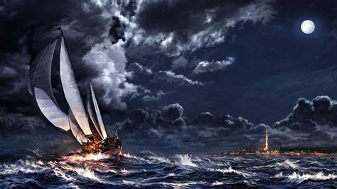 Hd Wallpaper Art Sea Ship Sailboats Storm Town Night Moon Clouds Spire