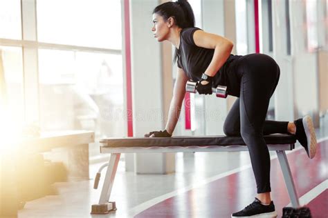 Vrouw Die Spieren Buigt Met Dumbbels Op Een Bank In De Gym Stock Afbeelding Image Of Bicepsen