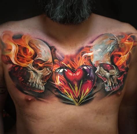 Flaming Skulls And Heart Chest Tattoo Men Cool Chest Tattoos Chest Tattoo