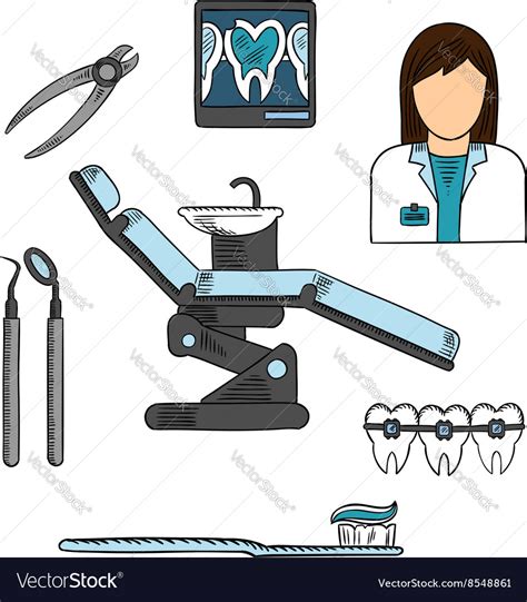 Dentist With Tools And Equipments Colored Sketch Vector Image