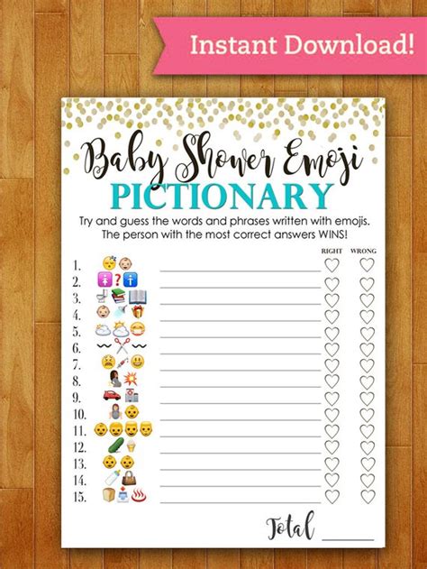 There are 15 clues given on this game card. Baby Shower Game Pictionary - EMOJI Pictionary - Teal Mint ...
