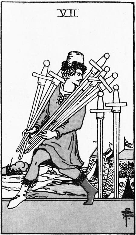 He looks over his shoulder at the two upright. Seven of Swords Art and Meaning: Queen of Tarot