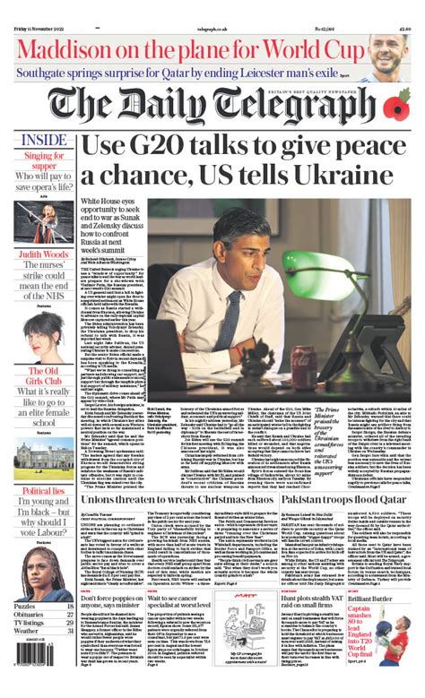 Daily Telegraph Front Page 11th Of November 2022 Tomorrow S Papers Today