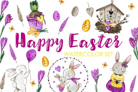 Happy Easter Watercolor Set On Yellow Images Creative Store