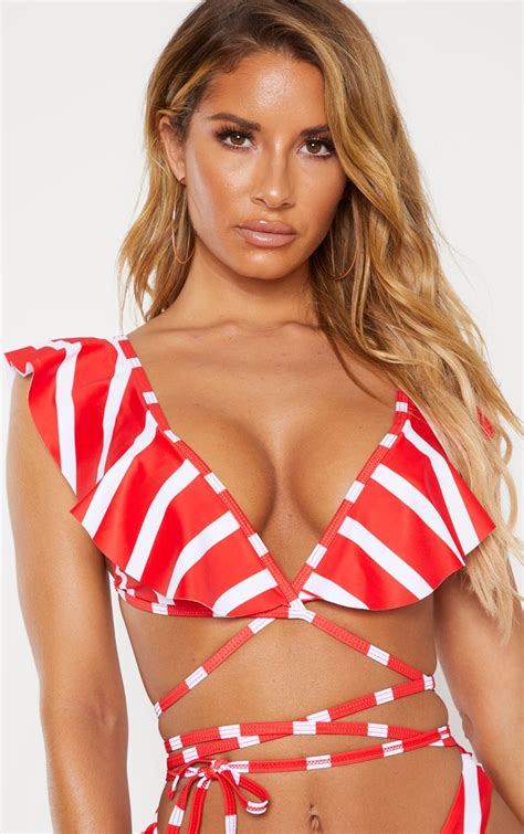 red white striped tie front frill bikini top prettylittlething