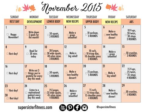 November 2015 ~ Healthy Habits Calendar Workout Calendar Health