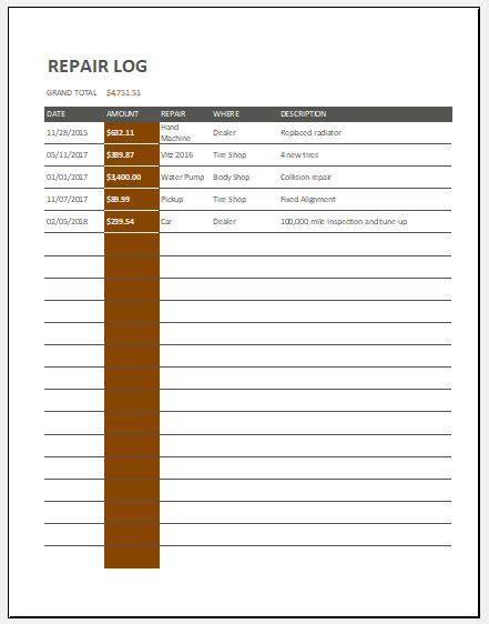 Repair Log Template For Ms Excel Excel Templates