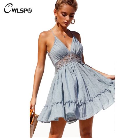 Cwlsp Backless Lace Pleated Summer Mini Dress 2018 Women Sexy Halter Dresses Hollow Out Sukienka