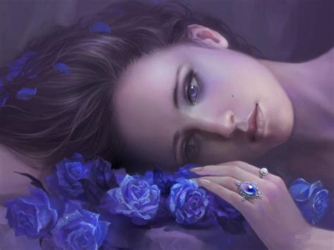 Roses Eyes Girl Fantasy Face Blue Anime Flowers Wallpaper