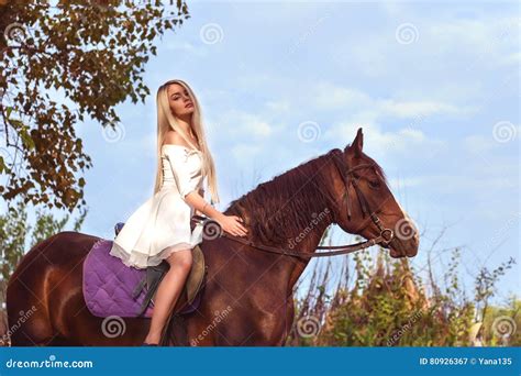 Blonde Caucasian Girl Riding Horse Warm Sunny Summer Day Stock Photos