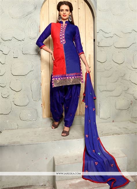 Shop Blue Embroidered Work Cotton Punjabi Suit Online 51797