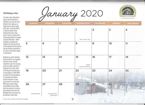 Mhps Calendar 2020 Mountain Huts Preservation Society Inc