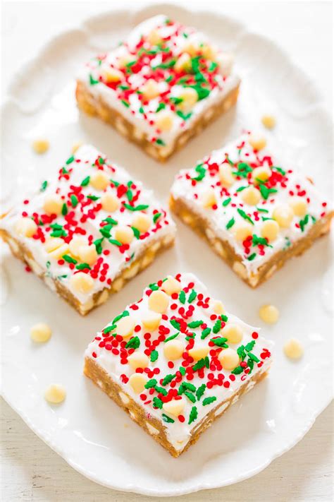 Christmas cookies are the perfect way to celebrate the holiday in 2020. Holiday Frosted White Chocolate Blondies - Averie Cooks