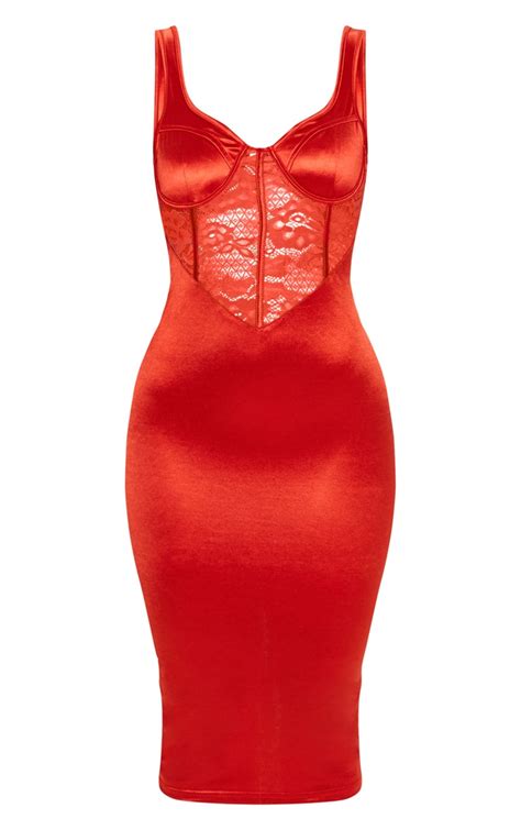 Red Satin Bustier Lace Insert Midi Dress Prettylittlething Usa