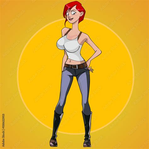 Cartoon Red Haired Woman With Big Breasts Standing Akimbo Stock Vector Adobe Stock