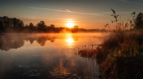 Sunset Over A River With Mist And Reeds Background Picture Of Morning