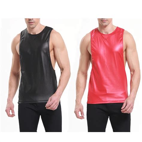 Summer 2016 New Faux Leather Man Sexy Fitness Bodybuilding Tank Tops Gay Funny Singlets