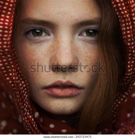 Portrait Beautiful Girl Freckles Closeup Photo Stock Photo 243723475