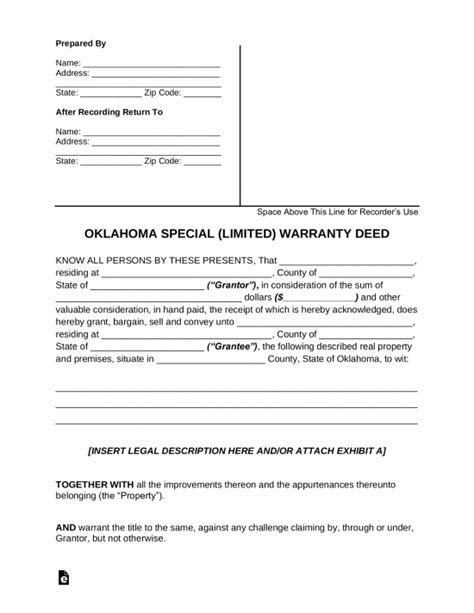 Free Oklahoma Special Warranty Deed Form Word Pdf Eforms