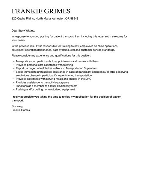 Patient Transport Cover Letter | Velvet Jobs