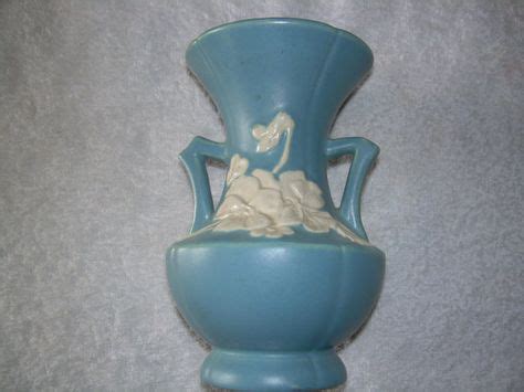 Vintage Weller Pottery Vase Blue With White Cameo Floral Double Handled