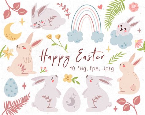 Easter Bunny Kids Clipart Boho Easter Rabbit Png Easter Eggs Etsy