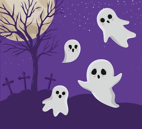 Premium Vector Halloween Ghosts Cartoons In Front Of Cemetery Design