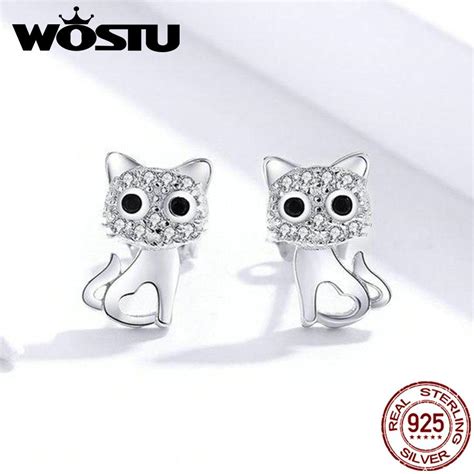 Buy Wostu Cute Cat Earrings 100 Real 925 Sterling Silver Cz Jewelry Little Kitty For Women At