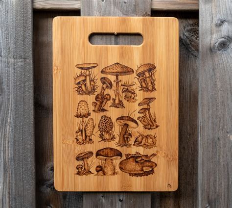 Mushrooms Bamboo Cutting Board With Handmade Pyrography Etsy