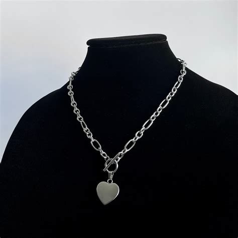 Stainless Steel Heart Toggle Necklace Silver Pendant Thick Oval Chain Y2k Handmade Unisex