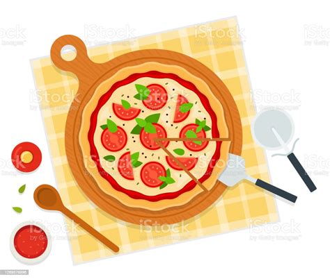 Round Hot Delicious Pizza Margherita Vector Illustration In Flat Style
