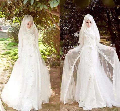 Discount 2015 New Elegant Lace Hijab Muslim Wedding Dresses Long Sleeve
